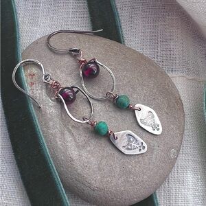 Artisan Made Laura Aberle Sterling Garnet Turquoise Earrings